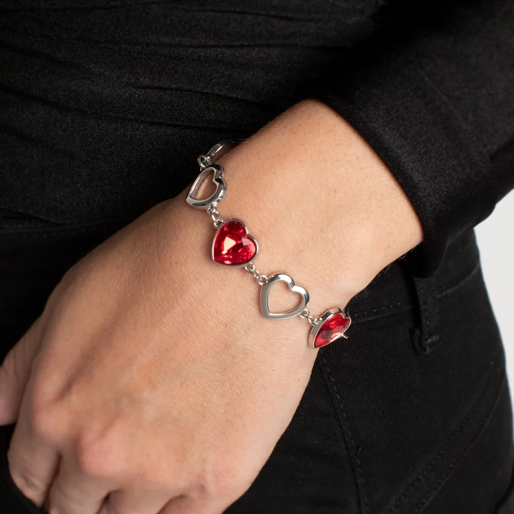 Red Heart Crystal Necklace & Bracelet Set  - Silver-Tone Chain